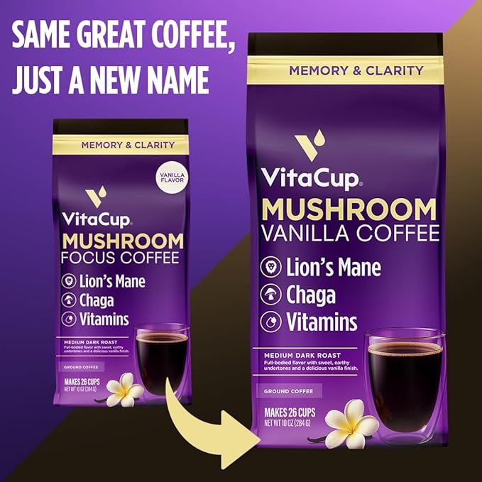 VitaCup Mushroom Coffee Grounds, Vanilla Flavored Coffee with Lions Mane, Chaga, B Vitamins, D3, Boost Focus, Immunity, Memory & Clarity, Medium Dark Roast, 100% Arabica Specialty, 10oz