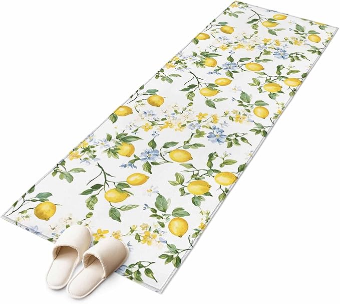 Runner Rug for Bedroom Hallway, Summer Watercolor Lemon Flower Kitchen Runner Rugs Area Rug 2x6ft, Spring Farm Fruit Green Leaf Washable Soft Floor Carpet for Entryway Stair
