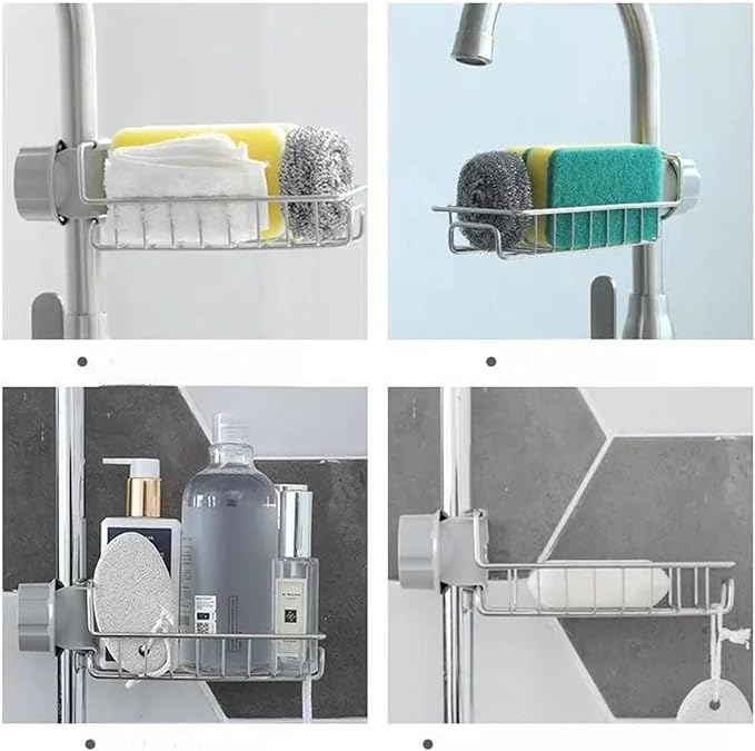 Adjustable Sink Faucet Shelf, Stainless Steel Over Faucet Drain Rack for Sponge Soap and Towel, Rotatable Kitchen Bathroom Organizer with Hooks(A)