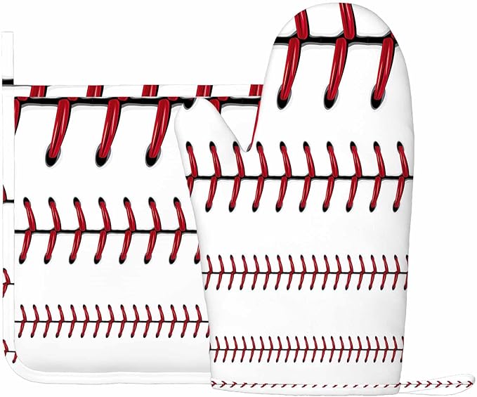 Mxocom Softball Oven Mitts and Pot Holders Sets Baseball Red Lace Over White Background Silicone Heat Resistant Kitchen Oven Gloves Pot Holder for Cooking