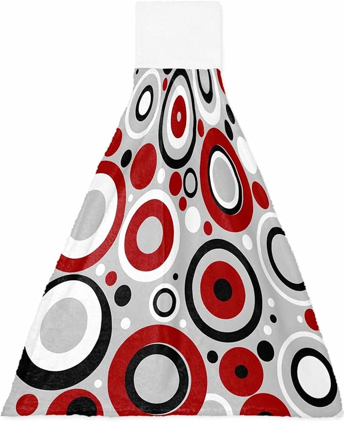 Alandar Home Kitchen Tie Towel Set of 1, Red White Black Circle on Gray Absorbent Soft Hand Towels for Bathroom Hanging Towels, Modern Geometric Art Fast Drying Cleaning Cloth with Loop