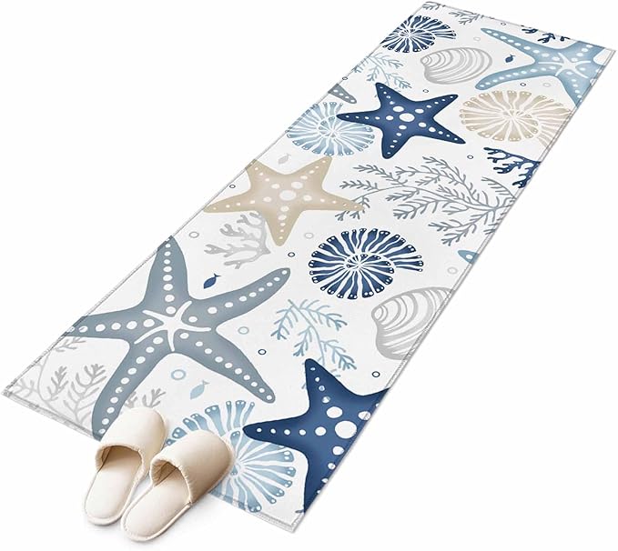 Runner Rug for Bedroom Hallway, Ocean Starfish Shell Conch Kitchen Runner Rugs Area Rug 2x6ft, Sea Blue Coral Seamless Washable Soft Floor Carpet for Entryway Stair
