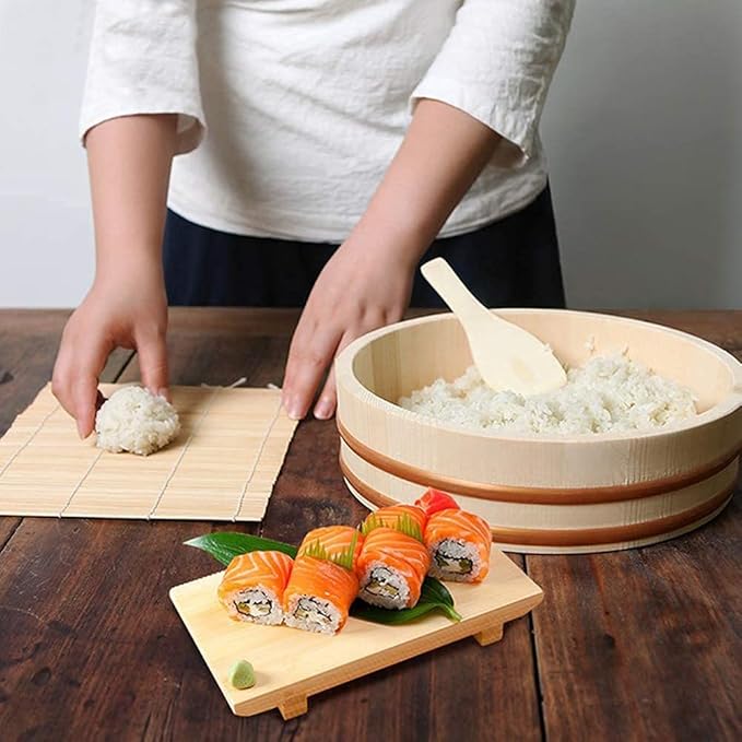 Round Sushi Rice Bowl Wooden Hangiri Sushi Oke Rice Mixing Tub with Copper Bands Rice Bucket Container Barrel for Restaurant Home Kitchen 30x7.5cm (48x12cm)