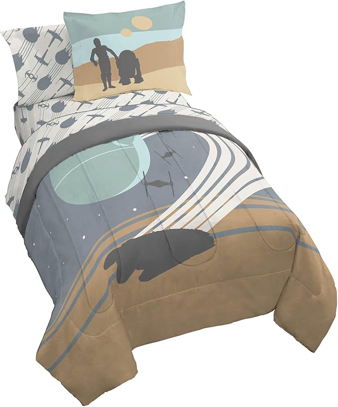 Jay Franco Star Wars Twin Size Comforter Set - 5 Piece Bedding Includes Sheet Set & Pillow Covers - Super Soft Cozy Bedding with Death Star and Millennium Falcon