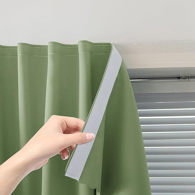 Magic Tape Blackout Curtains for Bedroom No Drillng Self Adhesive Curtains No Rod Small Window, 35" W X 59" L, Sage Green, 1 Panel