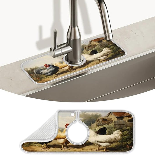 Courtyard Animal Rooster Kitchen Sink Splash Guard Absorbent Fast Drying Mat Sink Gadgets Washable Sink Matt for Kitchen Faucet Splash Guard