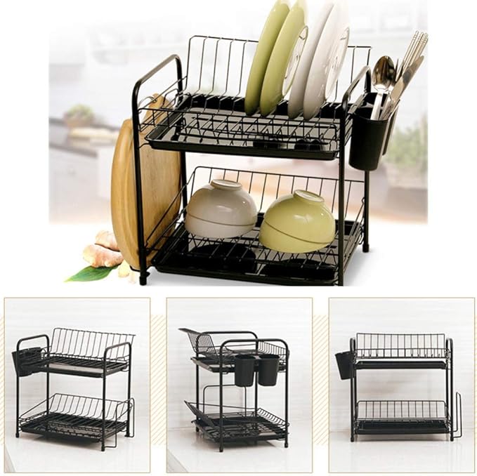 Double-Layer Kitchen Dish Storage Drain Rack Kitchen Supplies Storage Rack Storage Basket Free Perforated Dish Rack for Bathroom Kitchen Office Library