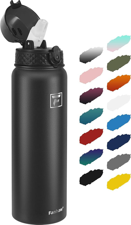 Fanhaw 32 oz Insulated Stainless Steel Water Bottle with Straw Lid, Leakproof Sports Bottle for Men, Women & Teens (Black)