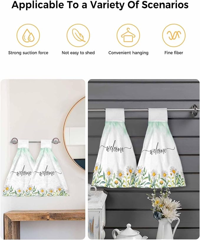 Alandar Home Kitchen Tie Towel Set of 1, Pastoral Farm Daisy Flowers Absorbent Soft Hand Towels for Bathroom Hanging Towels, Welcome on Gradient Green Fast Drying Cleaning Cloth with Loop