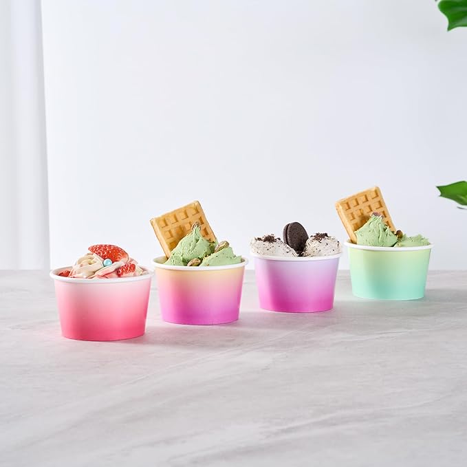 Restaurantware Paper Cups 200 Count 8 Ounce Square Disposable Ice Cream Containers, Leak-Resistant Paper Dessert To Go Cups, Hot And Cold Food, Durable Purple and Yellow Ombre Design