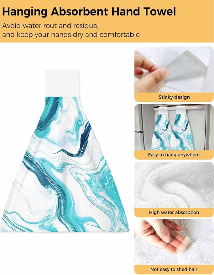 Alandar Home Kitchen Tie Towel Set of 2, Abstract Blue Gradient Marble Absorbent Soft Hand Towels for Bathroom Hanging Towels, Ombre Water Ripple Fast Drying Cleaning Cloth with Loop