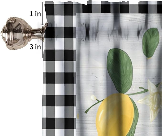 Lemon Kitchen Curtain Valance, Black White Buffalo Plaid Yellow Fruit Print Short Window Drapes for Dining Bedroom Living Room Cafe Resturant, 54x18Inch