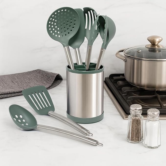 Glad Kitchen Utensils Set, 8pcs - Nonstick Cooking Tools with Stainless Steel Handles & Rotating Utensil Holder - Turners, Ladle, Spoon, Tongs, Spaghetti Server, and Skimmer - Dishwasher Safe, Green