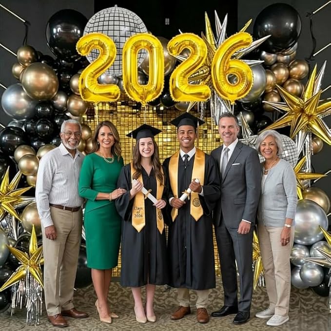 2026 Graduation Balloon Garland Arch Kit, Black Gold Silver Balloon Arch Class of 2026 Graduation Decorations Disco Star Balloons for Grad Celebrations Birthday Party Decorations