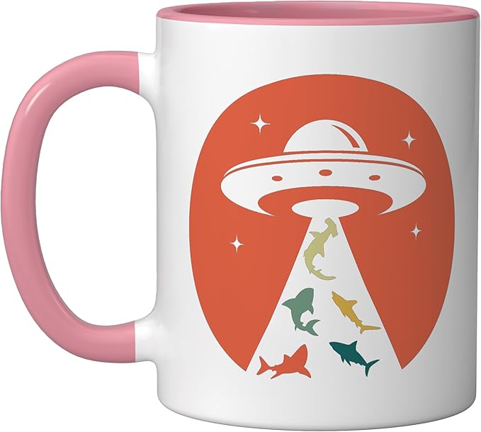 Funny UFO shark lover humor UFO lover flying saucer Ceramic Mug, Pink/White