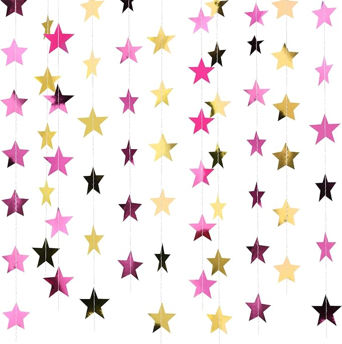 Patelai 78 Feet Glitter Star Garland Banner 2026 Party Decoration Double Side Star Hanging String Streamer Paper Twinkle for Graduation Wedding Birthday (Gold and Pink)