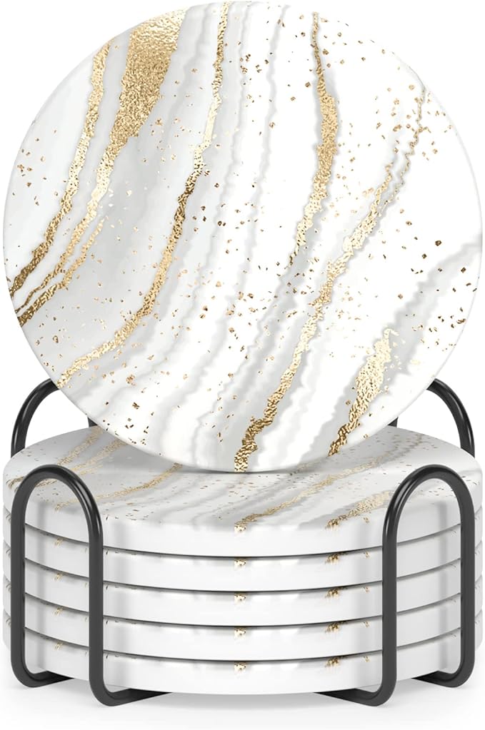Nipichsha Coasters for Drinks, Set of 6 Cute Absorbent Ceramic Drink Coasters for Cup with Holder and Cork Base, Kitchen Home Decor Housewarming Gift, Round 4 in, Gold White
