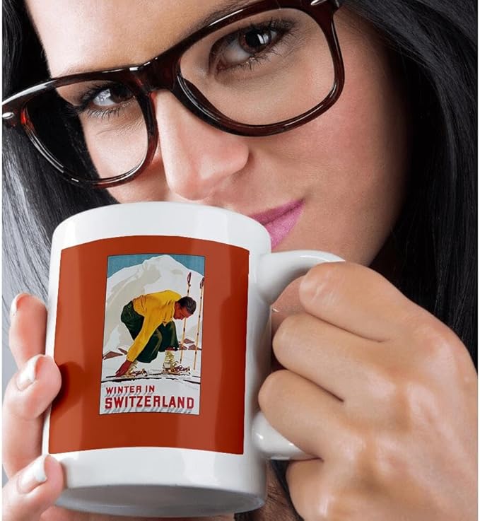 3dRose Winter in Switzerland Man Putting on his Skis Luggage Label 11oz Mug