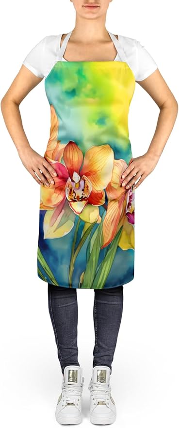 Caroline's Treasures Orchids in Watercolor Apron Cooking Kitchen Server Baking Crafts Gardening for Adult Women Men, Unisex, Large, Multicolor