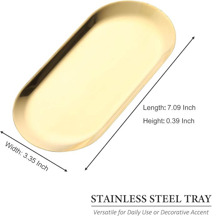 SUTOKAKA Decorative Serving Tray, Manicure Tools Storage Dish, Perfume Jewelry Dinner Placing Plate for Bedroom Kitchen Salon Supplies (Gold - 2PC, 7.09 * 3.35 * 0.39 INCH)