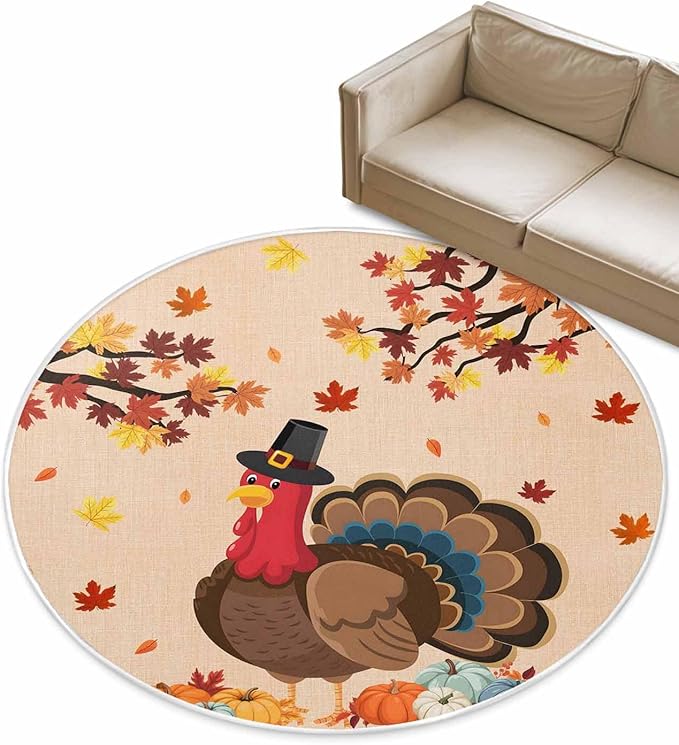 Round Area Rug,Turkey Orange Fallen Leaves Thanksgiving Pumpkin Circle Living Room Rug Non-Slip Rugs Indoor Carpet,Vintage Linen Soft Comfort Rugs for Bedroom KidsRoom Nursery