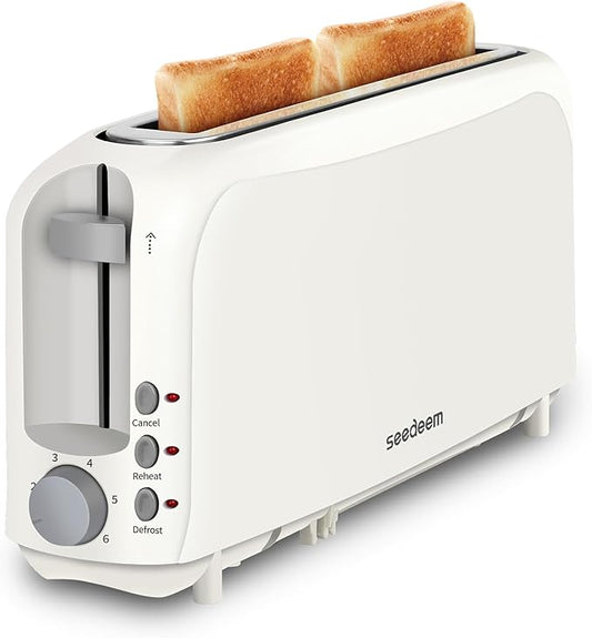 SEEDEEM 2 Slice Slim Toaster, Single 10" Long Slot Toaster Fits Bagels & Artisan Bread, 6 Shade Settings, Cancel/Reheat/Defrost, Removable Crumb Tray, Auto Shut-Off, White