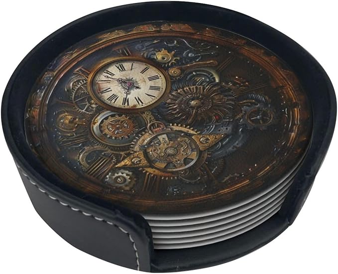 Steampunk Clocks Leather Drinks Coasters with Holder, Set of 6, Suitable for Various Cups