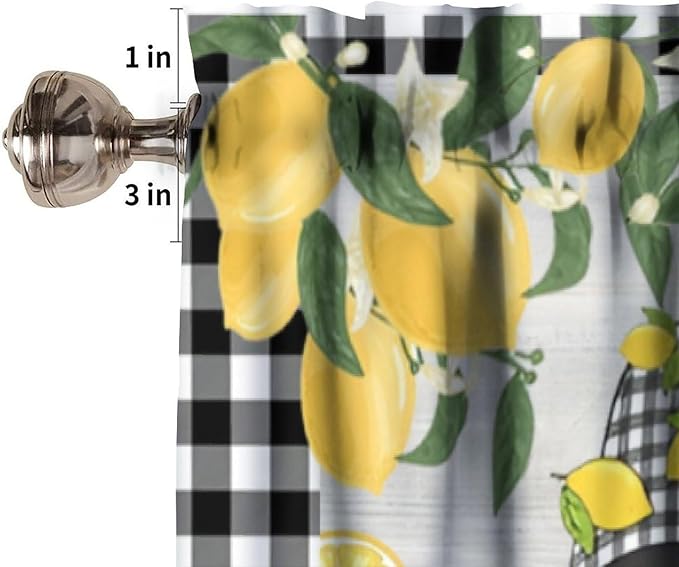 Lemon Gnome Curtain Valance for Kitchen, Yellow Fruit Black White Buffalo Plaid Wooden Farmhouse Decor Window Treatment for Dining Bedroom Living Room Cafe Resturant Home Decoration, 54x18Inch