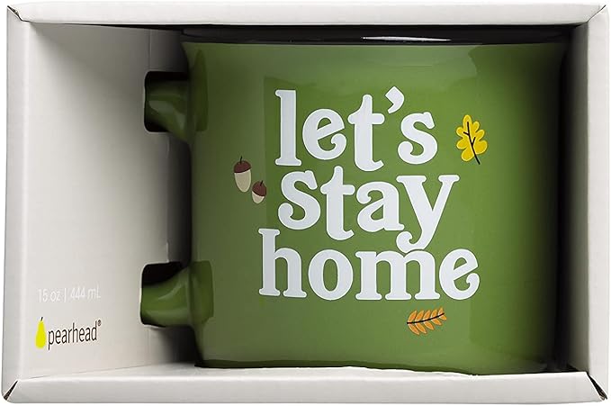 Pearhead Let's Stay Home Ceramic Mug, Autumn Accessories, Fall Holiday Kitchen Decor, Coffee or Tea Cup, Green, 15oz