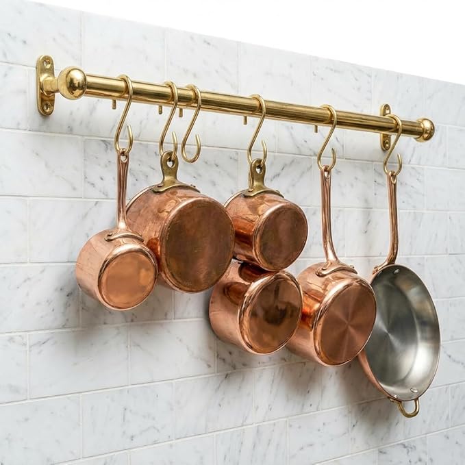 Solid Unlacquered Brass Pot Rail with S Hooks – Wall Mount Kitchen Pot Rack Rod – Vintage Heavy Duty Cookware Organizer for Pots, Pans & Hanging Utensils (64 inch (16 S-Hooks))