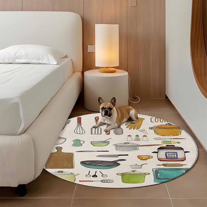 Cooking Kitchenware Kitchen Tool Pattern Round Rugs 3ft for Living Room Washable Circle Rug Non-Slip Carpet Soft Mat for Bedroom Dining Room Bathroom Home Holiday Decorations Indoor
