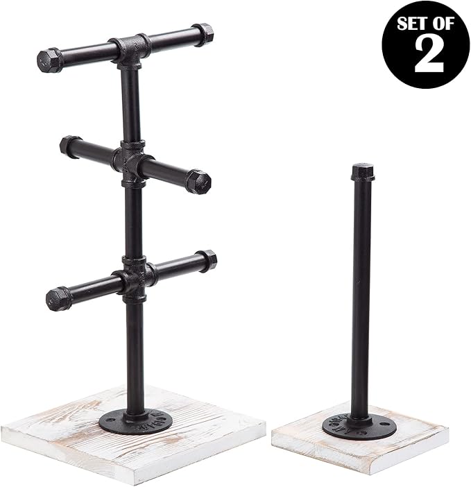 Mug Hanging Rack Kitchen Paper Towel Holder 2 Piece Industrial Black Metal Pipe Rustic White Washed Wooden Base Wood Organizer Multiple Branches Tree Coffee Cups Teacups Tissue Home Counter