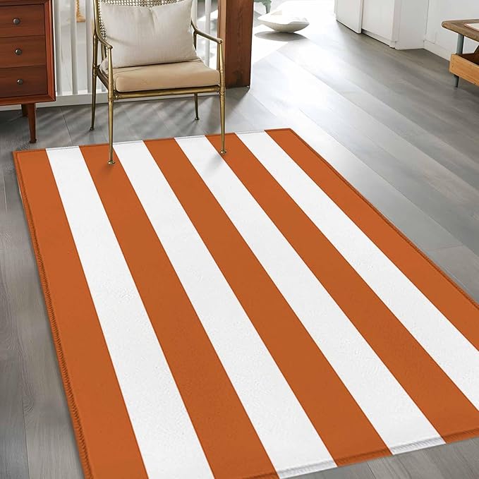 Area Rug 4x6ft, Farmhouse Classic Stripes Washable Rugs for Living Room Bedroom, Orange White Soft Non-Slip Area Rugs Rectangle Floor Carpet for Dining Room