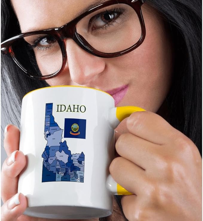 3dRose Colorful county map of Idaho with flag and all counties labeled 15oz Two-Tone Yellow Mug
