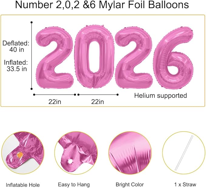 2026 Balloons Pink 2026 Foil Number Balloons, 40 inch 2026 Balloons New Year, Large 2026 Mylar Balloons for 2026 New Years Eve Party Supplies Festival Birthday Anniversary Graduation Decorations