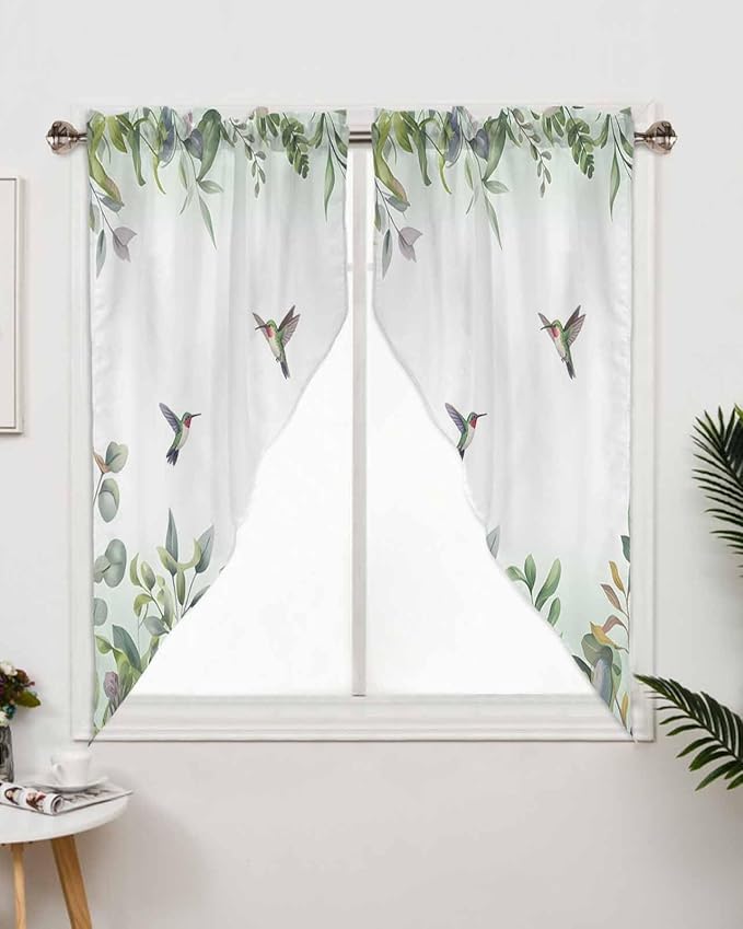 Leaf Swag Valance Curtains - Plants Leaves Green Hummingbird Watercolor Style Rod Pocket Kitchen Curtains Scalloped Window Treatment Valances Swag for Living Room, 1 Pair, 28" W x 36" L