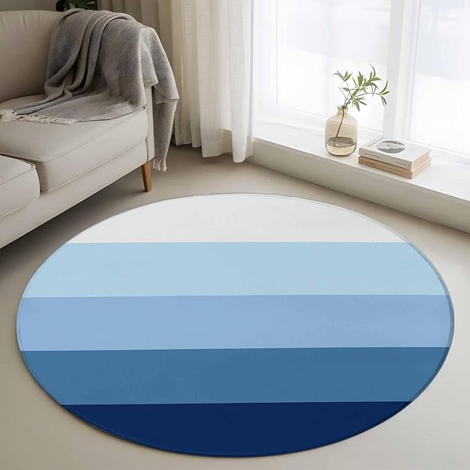 Washable Round Area Rug Minimalist Blue White Ombre Stripe Circle Rugs Floor Carpet for Living Room Bedroom, Modern Gradient Art Soft Non Slip Round Rug 3ft
