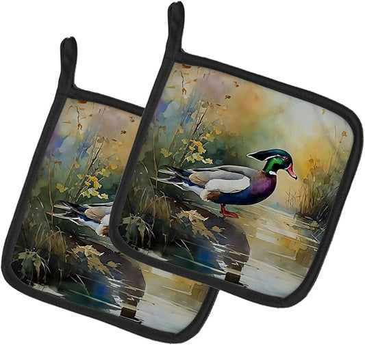 Caroline's Treasures Wood Duck Pair of Pot Holders Kitchen Heat Resistant Pot Holders Sets Oven Hot Pads for Cooking Baking BBQ, 7 1/2 x 7 1/2