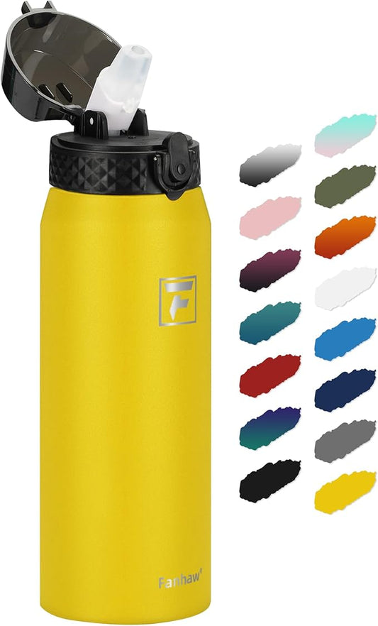 Fanhaw 24 oz Insulated Stainless Steel Water Bottle with Straw Lid, Leakproof & Anti-Dust Sports Bottle for Kids, Women & Men (Yellow)