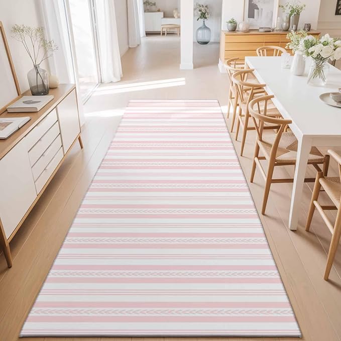 Runner Rug for Bedroom Hallway, Abstract Leaf Geometric Line Kitchen Runner Rugs Area Rug 2x6ft, Modern Pink Stripe Theme Washable Soft Floor Carpet for Entryway Stair