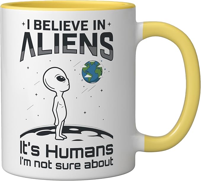 Alien Believer UFO Extraterrestrial Space Lover Ceramic Mug, Yellow/White