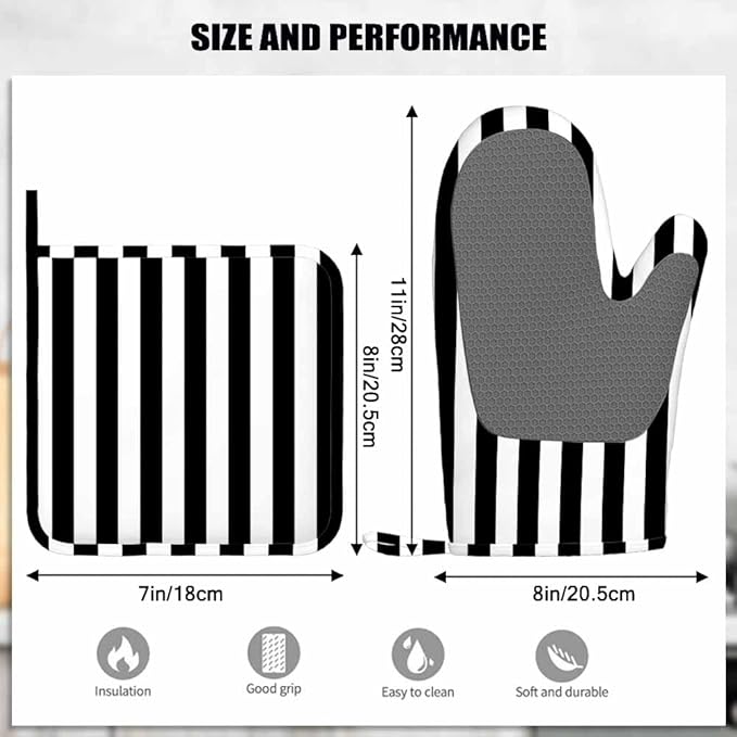 Mxocom Vertical Black Strip Oven Mitts and Pot Holders Sets Black White Silicone Heat Resistant Kitchen Oven Gloves Pot Holder for Cooking