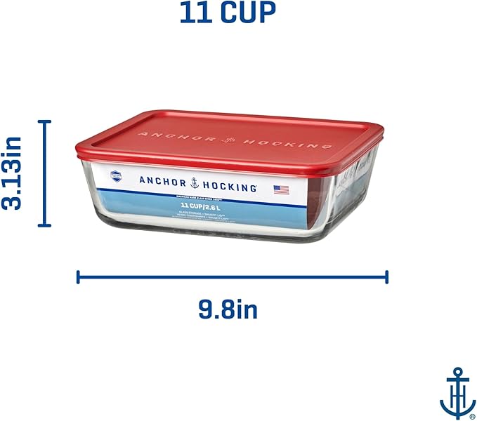Anchor Hocking 11-Cup Glass Storage Containers with Lids, Set of 2 Glass Food Storage Containers with Red SnugFit Lids