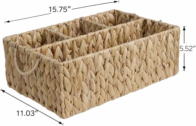 Storage Basket with Handles, Water Hyacinth Storage Baskets, Wicker Diaper Caddy, Basket with dividers, Countertop Organizer for Bathroom, Living Room, Home(15.75*11.03*5.52 inches)