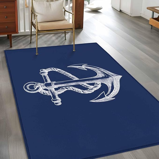 Area Rug 3x5ft, Marine Theme Anchor String Sketch Washable Rugs for Living Room Bedroom, Watercolor Nautical Theme Soft Non-Slip Area Rugs Rectangle Floor Carpet for Dining Room