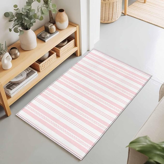 Area Rug 2x3ft, Abstract Leaf Geometric Line Washable Rugs for Living Room Bedroom, Modern Pink Stripe Theme Soft Non-Slip Area Rugs Rectangle Floor Carpet for Dining Room
