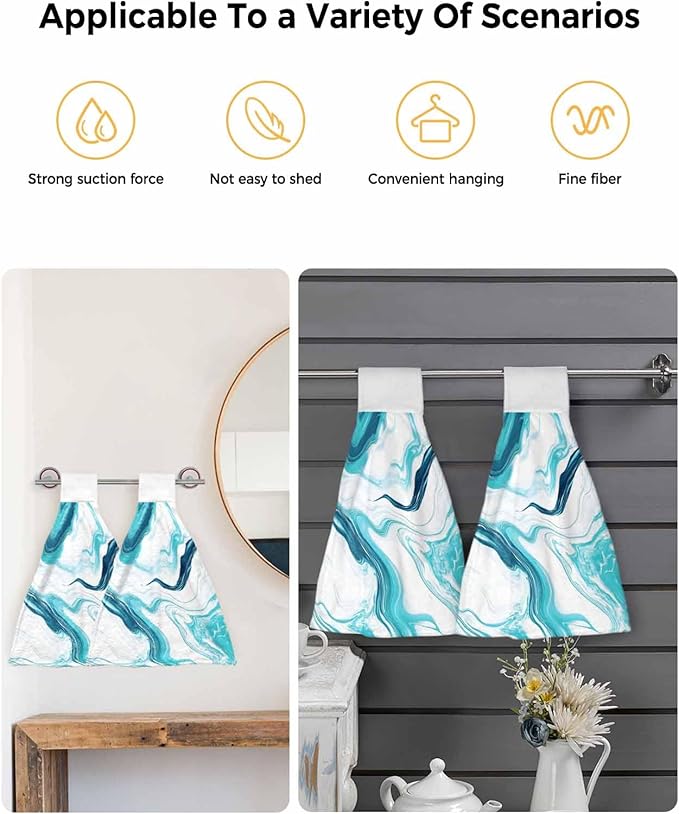 Alandar Home Kitchen Tie Towel Set of 1, Abstract Blue Gradient Marble Absorbent Soft Hand Towels for Bathroom Hanging Towels, Ombre Water Ripple Fast Drying Cleaning Cloth with Loop