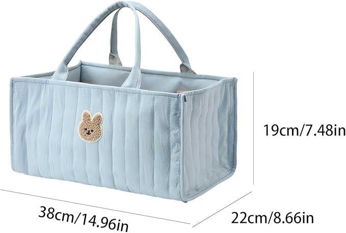Quilted Fabric Storage Basket Floral Baby Diaper Caddy Quilted Basket for Nursery Bedroom Car Storage (L- Blue Bear)