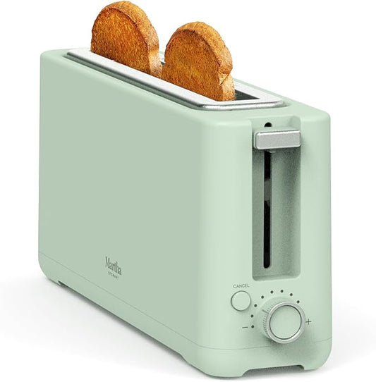 Martha Stewart 2 Slice Long Slot Toaster, Extra Wide for Sourdough & Bagels, 10 Setting Shade Control, Removable Crumb Tray, Self-Centering Design, Defrost/Reheat, Cancel, Slim Space-Saving, Honeydew