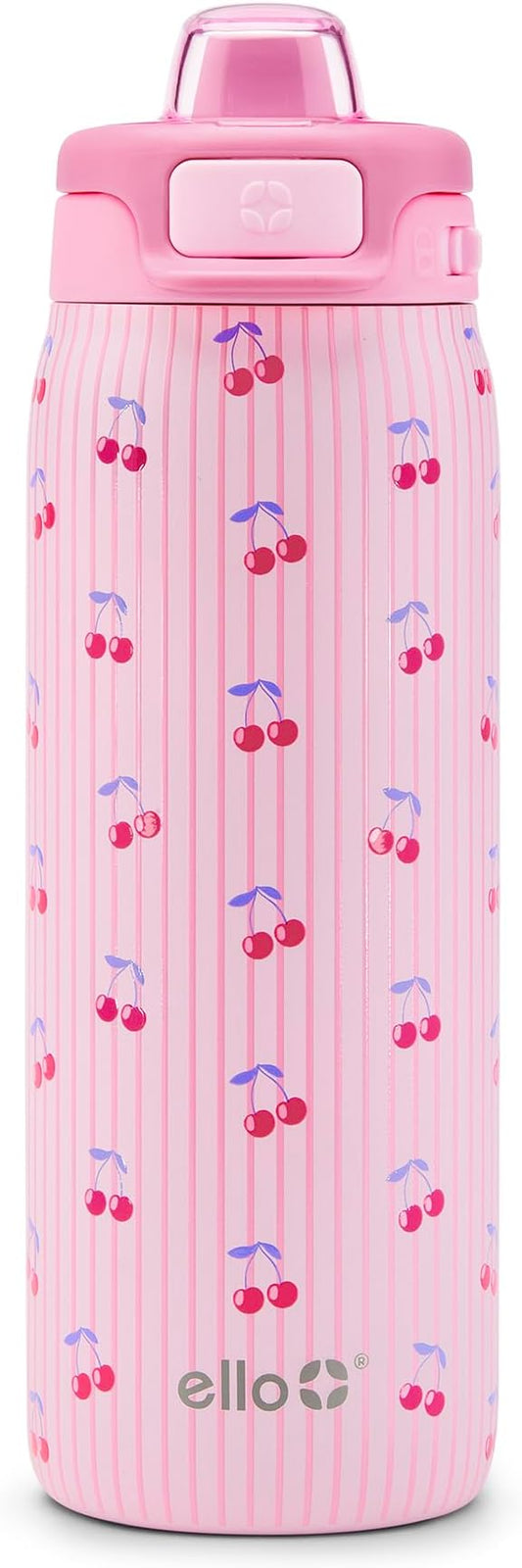 Ello Kids Pop & Fill 18oz Toddler Water Bottle with Quick Fill Lid, Double-Wall Vacuum Insulated Stainless Steel, Leak Proof, BPA Free, Sip & Chug, For School, Lunchboxes, Preppy Cherries